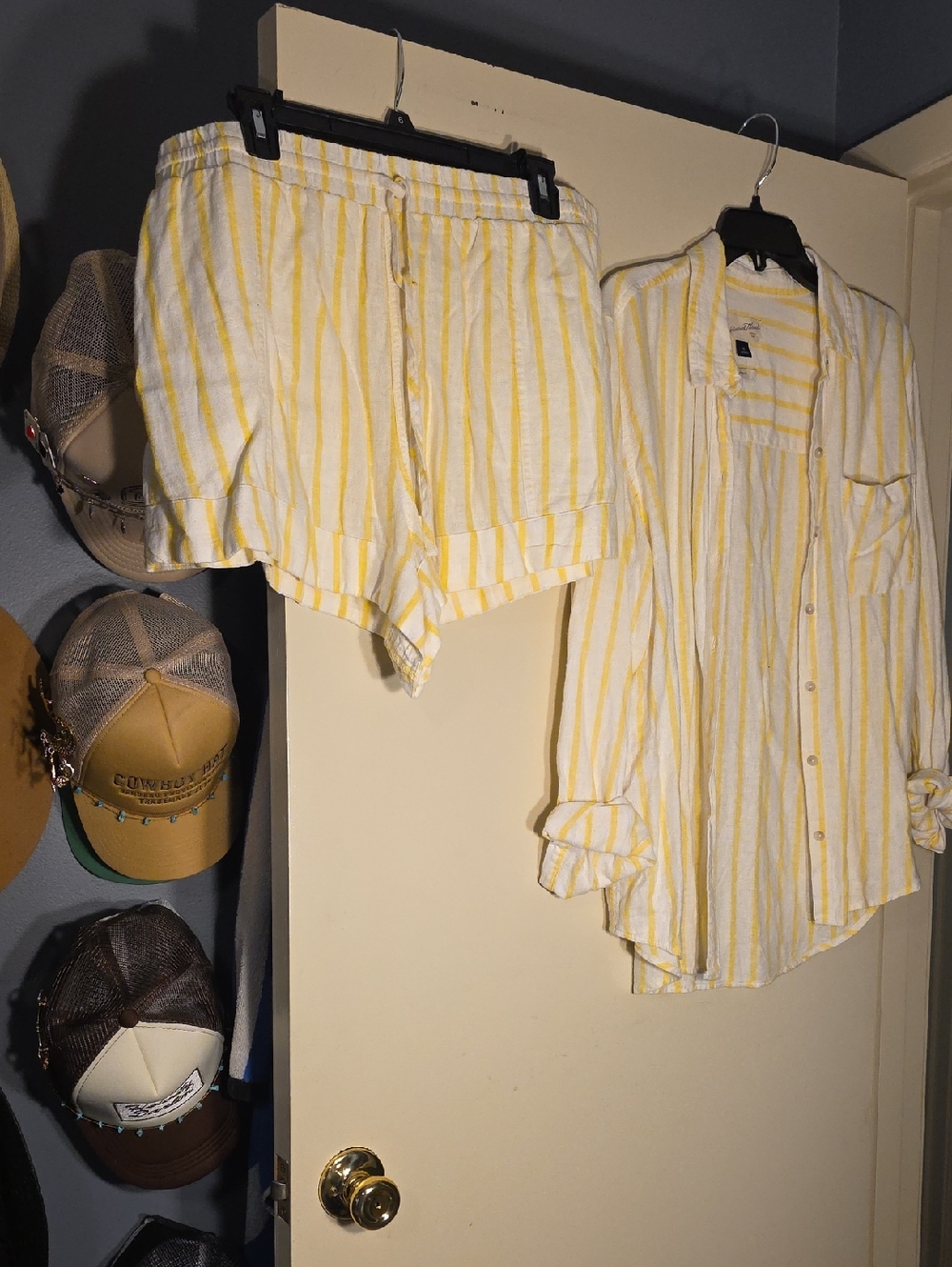 Universal Thread Yellow and White Striped Relaxed-Fit Button Shirt With Shorts
